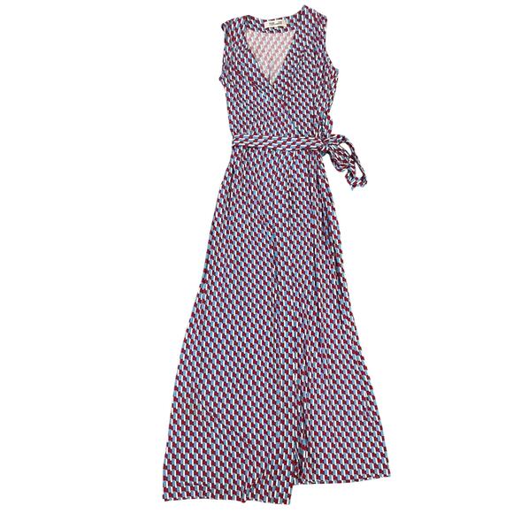 Diane von Furstenberg Maxi Wrap Dress Red/Blue Geometric Print Size‎ S Viscose - Picture 2 of 14